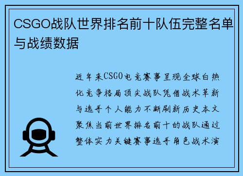 CSGO战队世界排名前十队伍完整名单与战绩数据