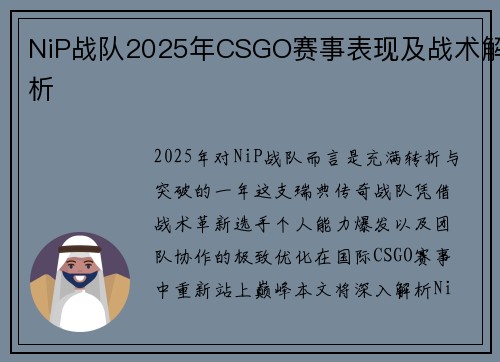 NiP战队2025年CSGO赛事表现及战术解析
