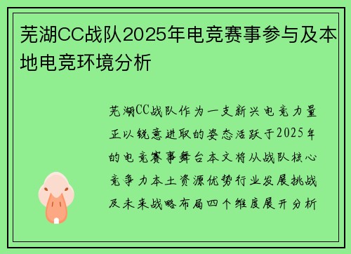 芜湖CC战队2025年电竞赛事参与及本地电竞环境分析