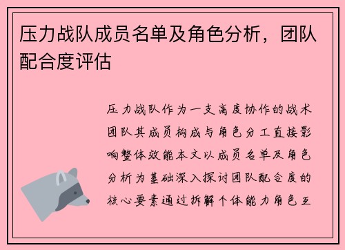 压力战队成员名单及角色分析，团队配合度评估