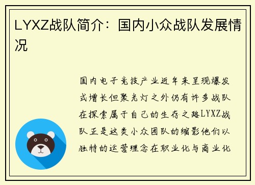 LYXZ战队简介：国内小众战队发展情况